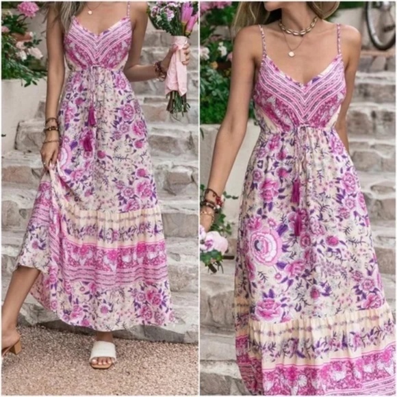 Boho Floral Print Cottagecore Cami maxi Dress - Picture 2 of 8